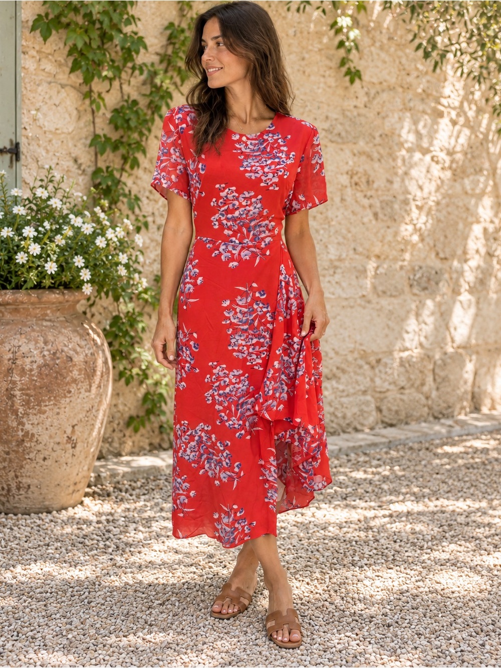 Saunders Red Floral Midi Dress Size 12 Wedding Guest